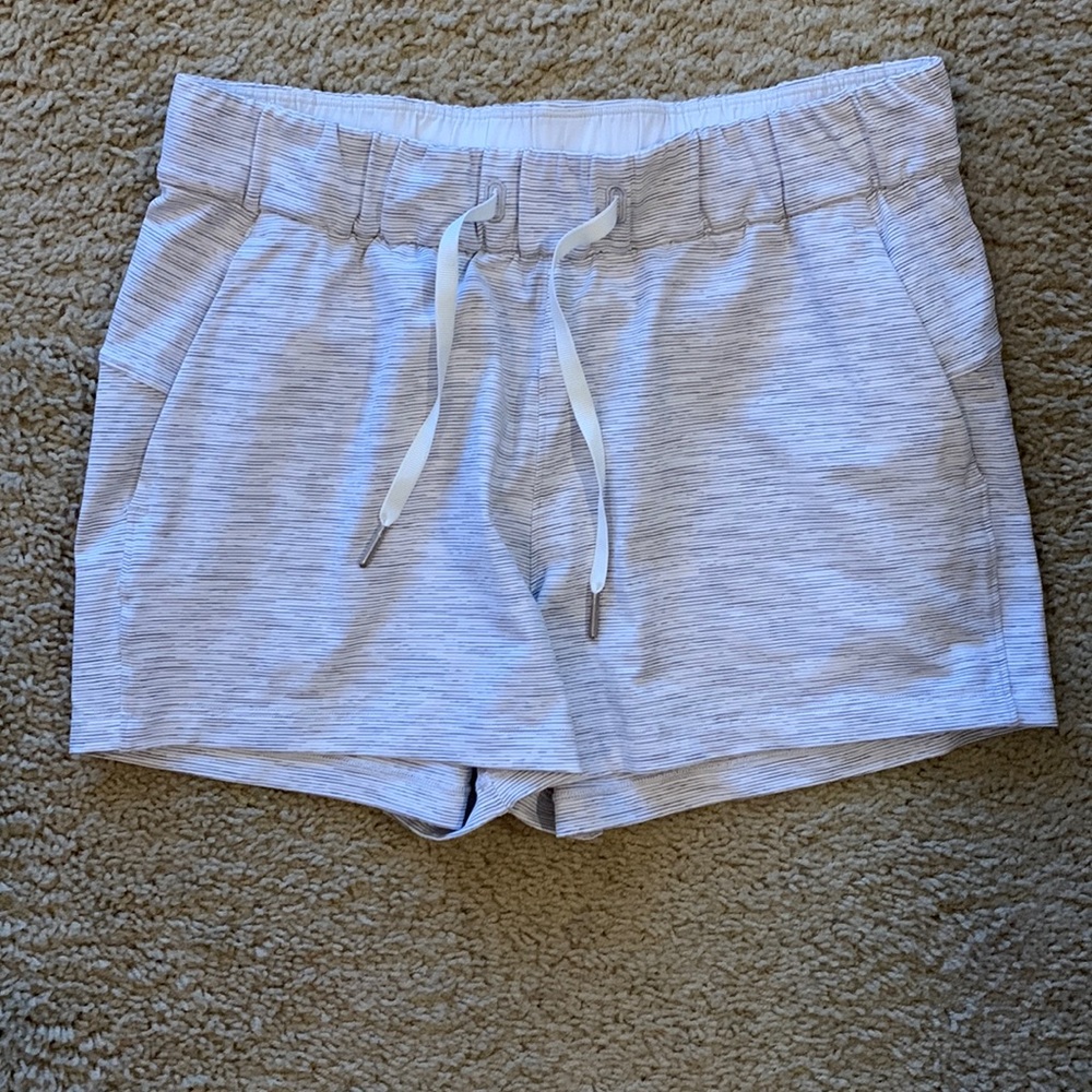 Lululemon athletic short. Soft gray in color. Striped pattern.
